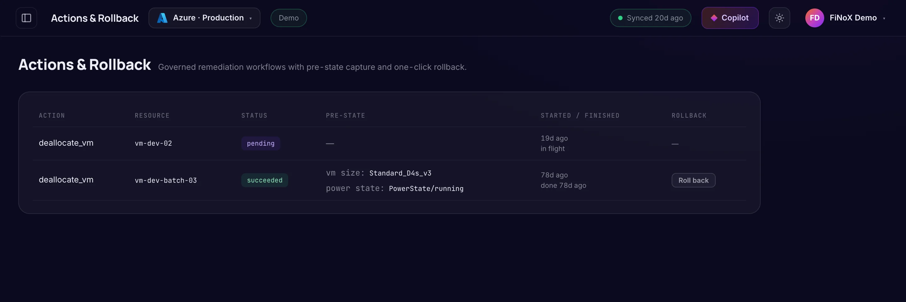 Actions & Rollback — finoX product screen