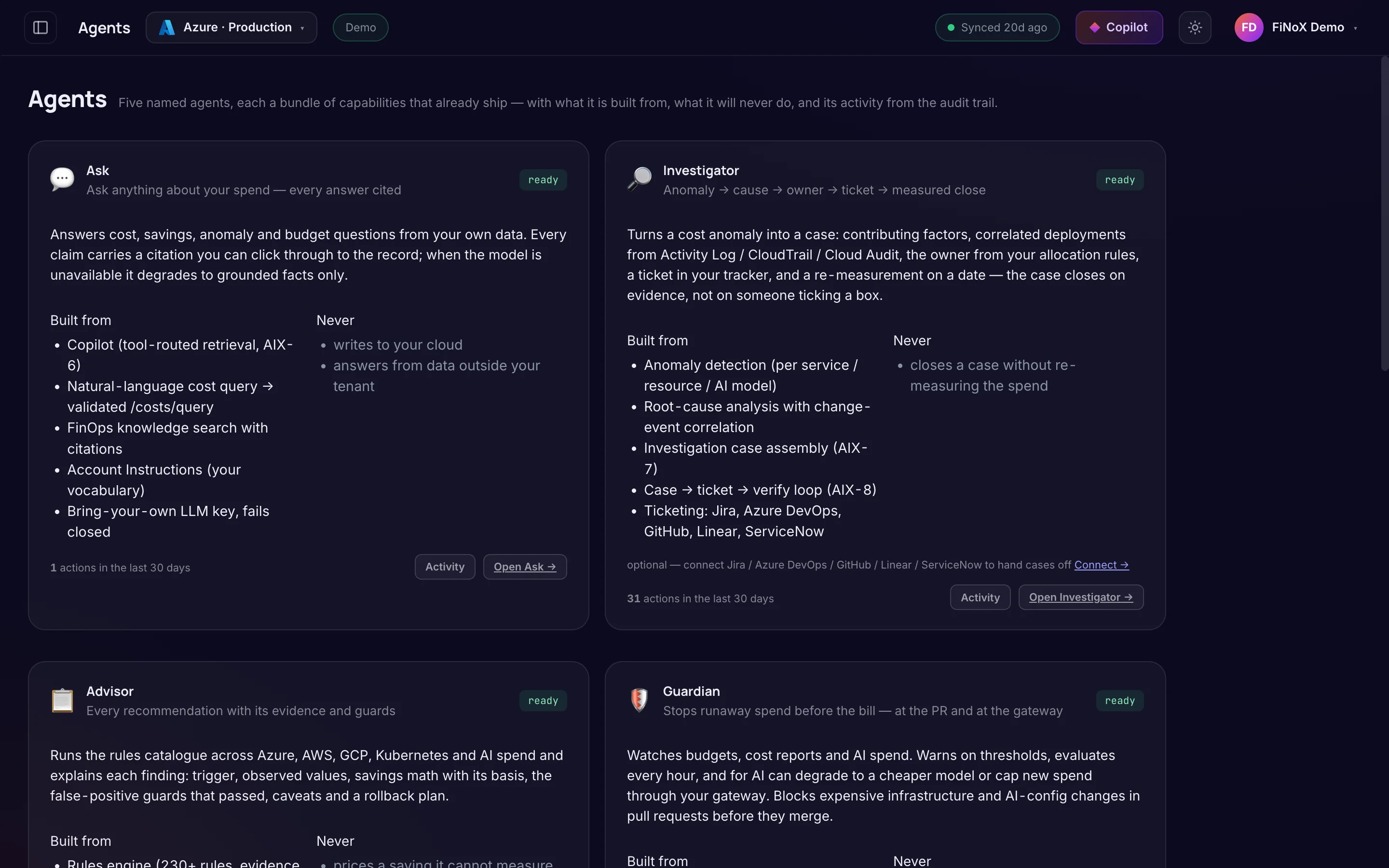Agents — finoX product screen
