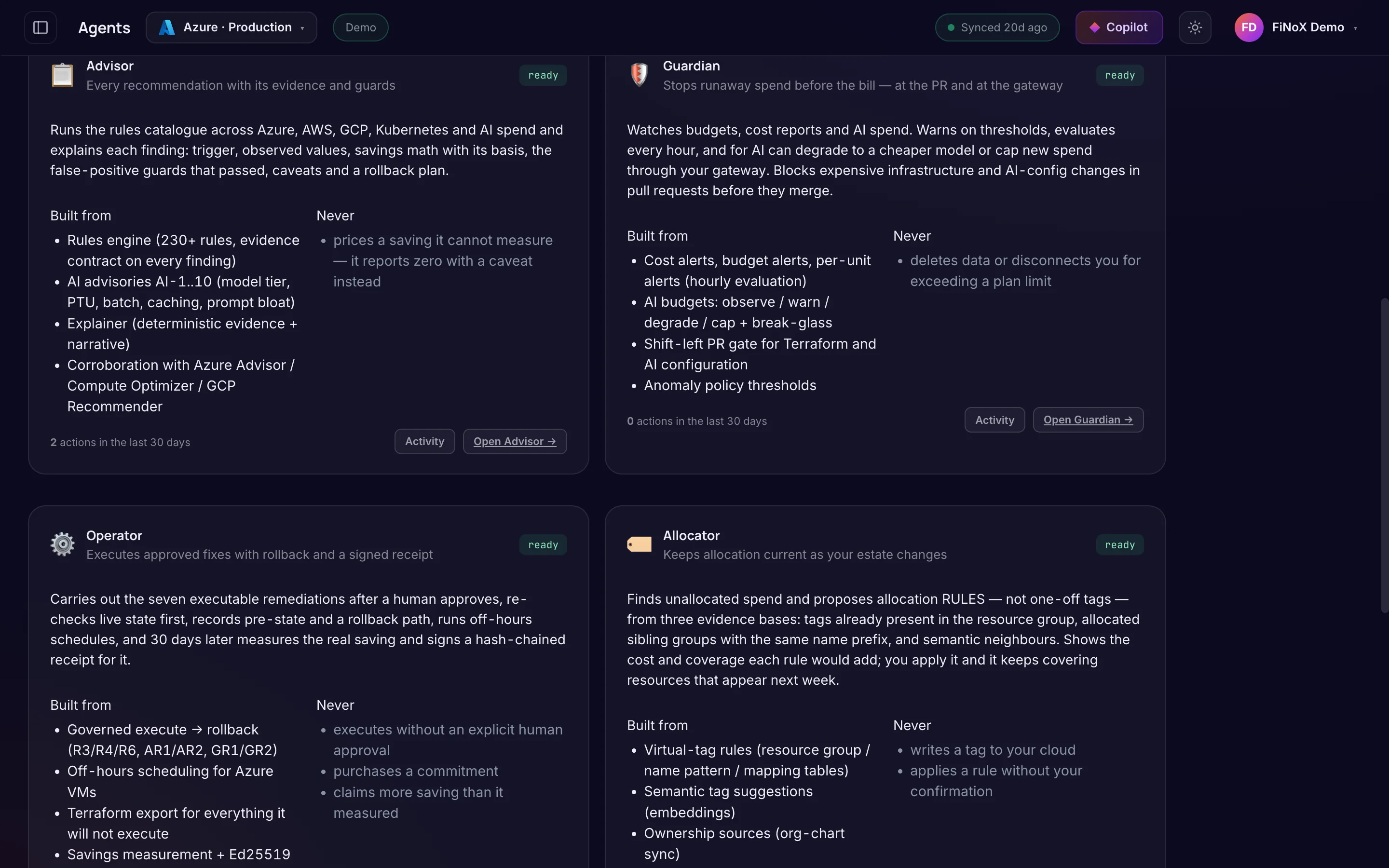 Agents · Advisor, Guardian, Operator — finoX product screen