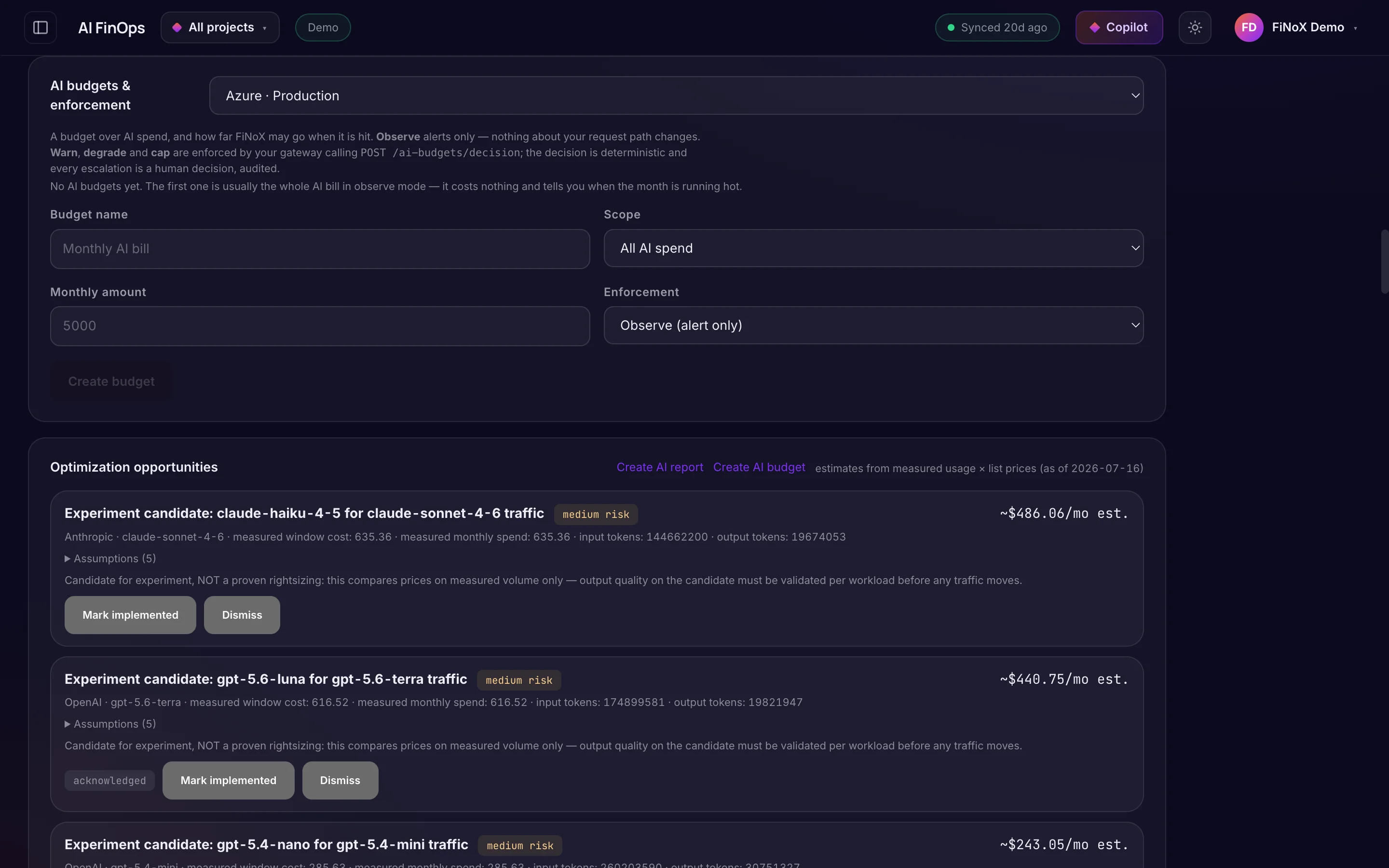 AI FinOps · Budgets & enforcement — finoX product screen