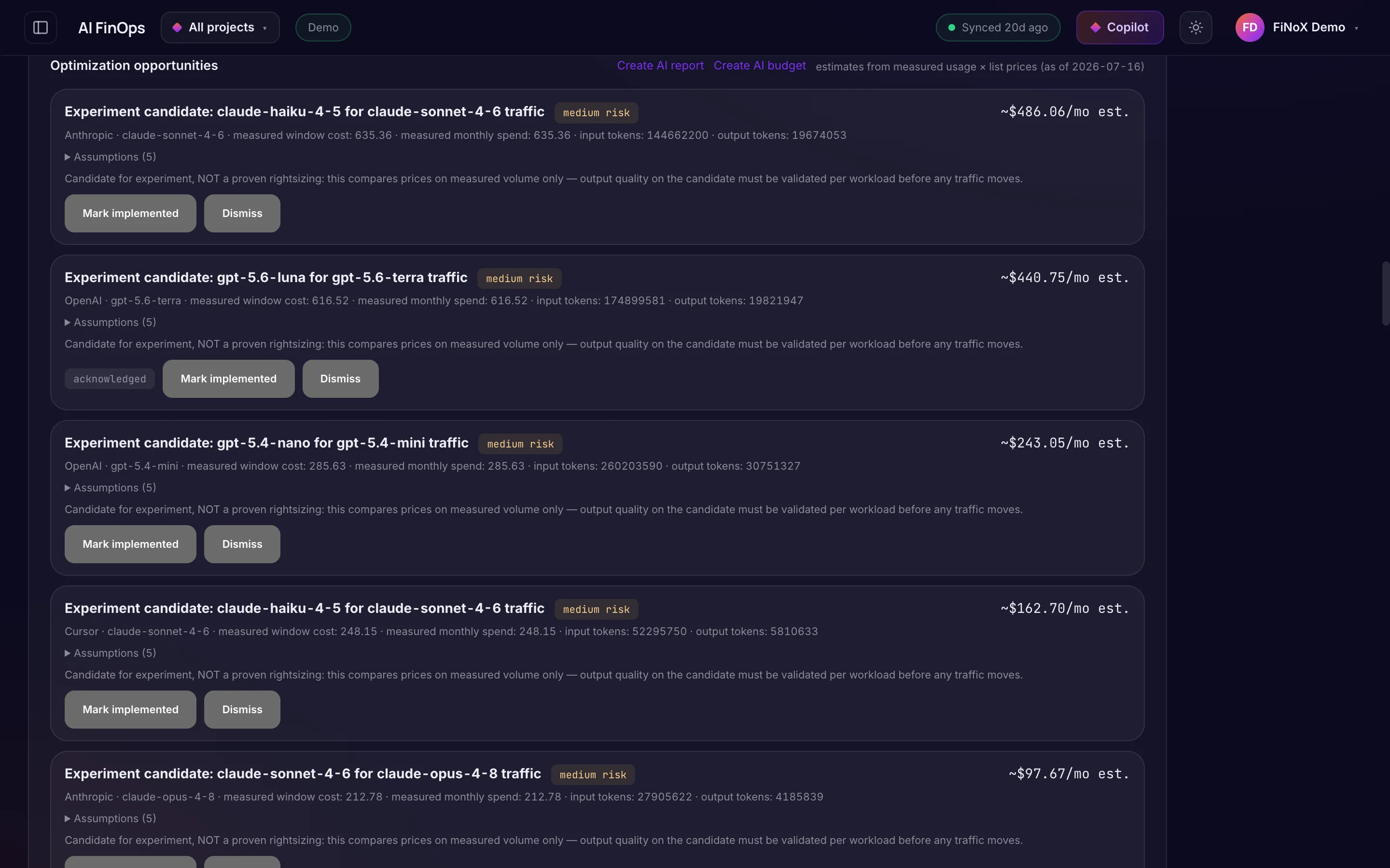 AI FinOps · Optimisation opportunities — finoX product screen