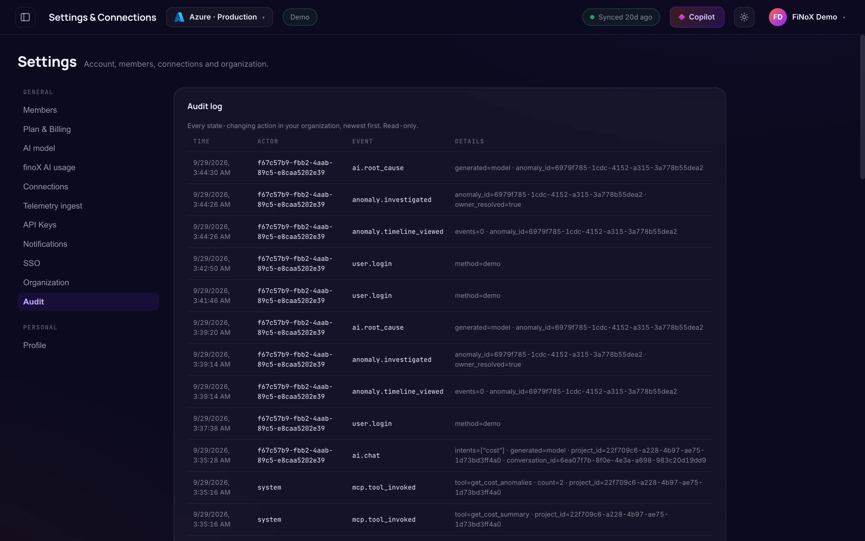 Settings · Audit log — finoX product screen