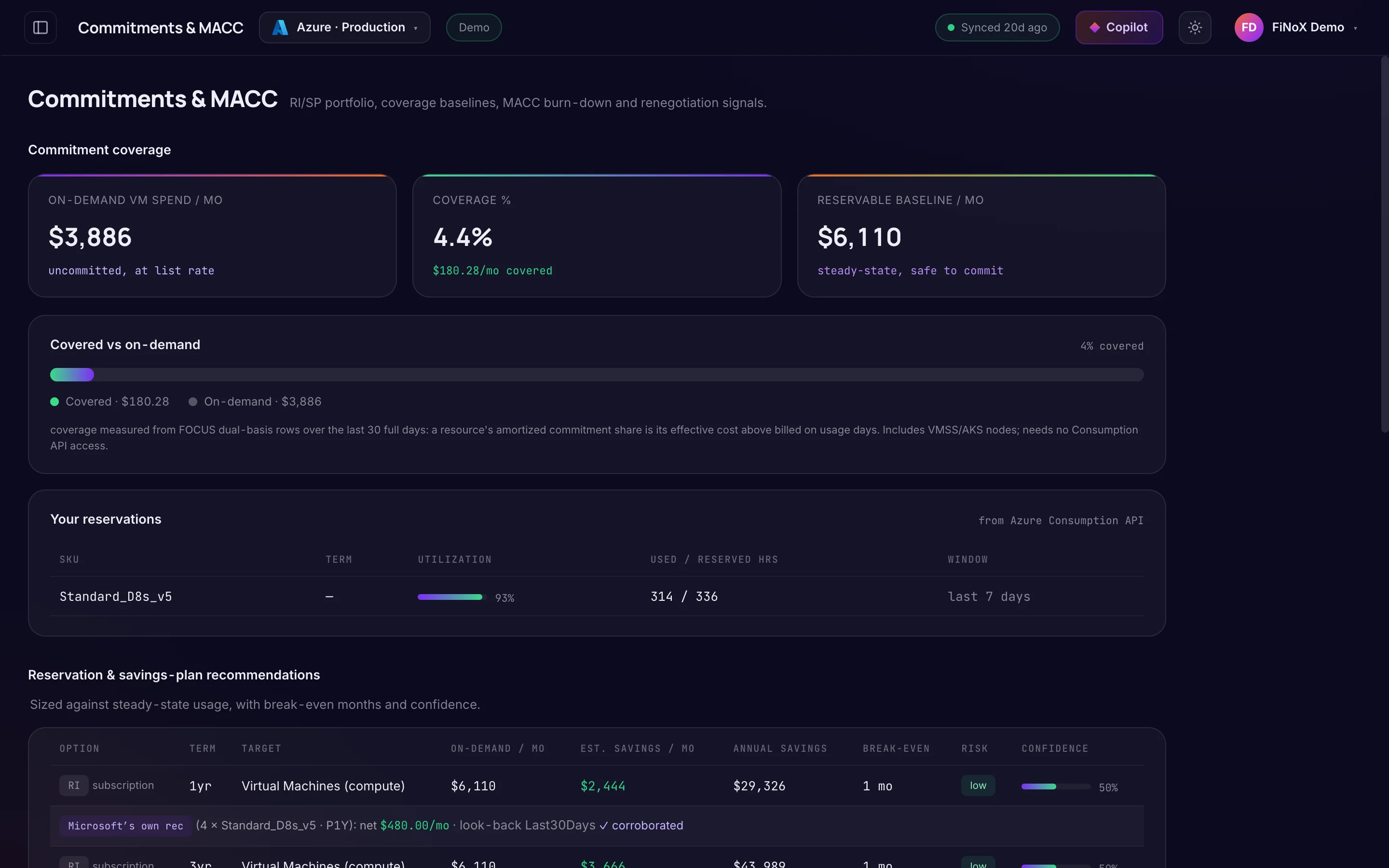 Commitments & MACC — finoX product screen