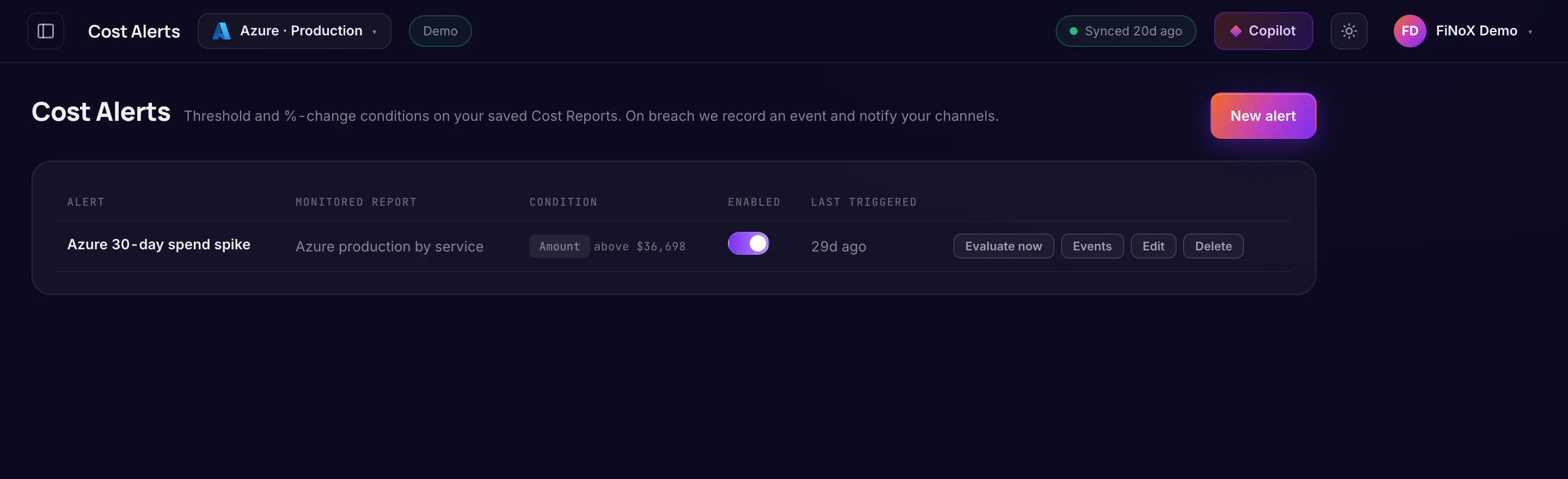 Cost Alerts — finoX product screen