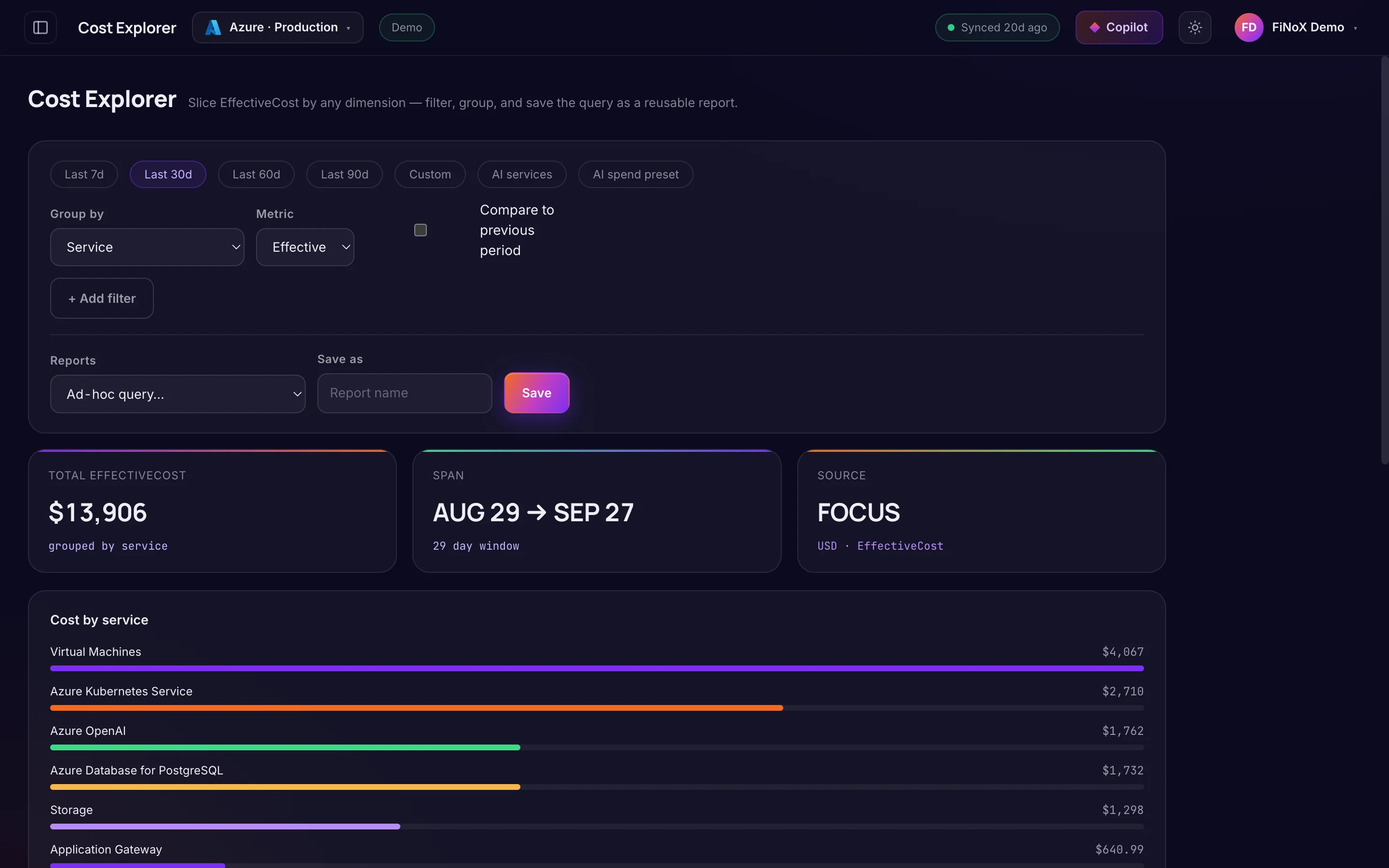 Cost Explorer — finoX product screen