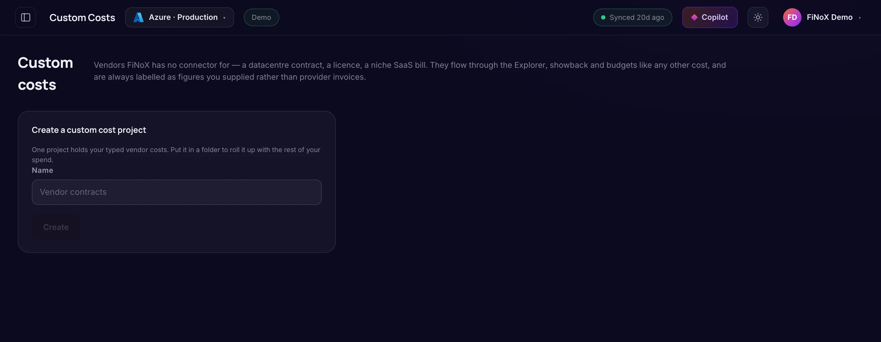 Custom costs — finoX product screen