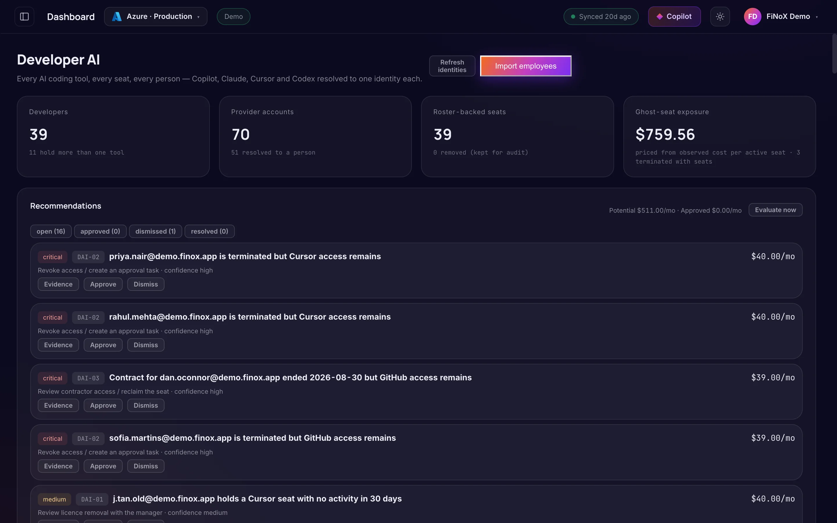 Developer AI — finoX product screen