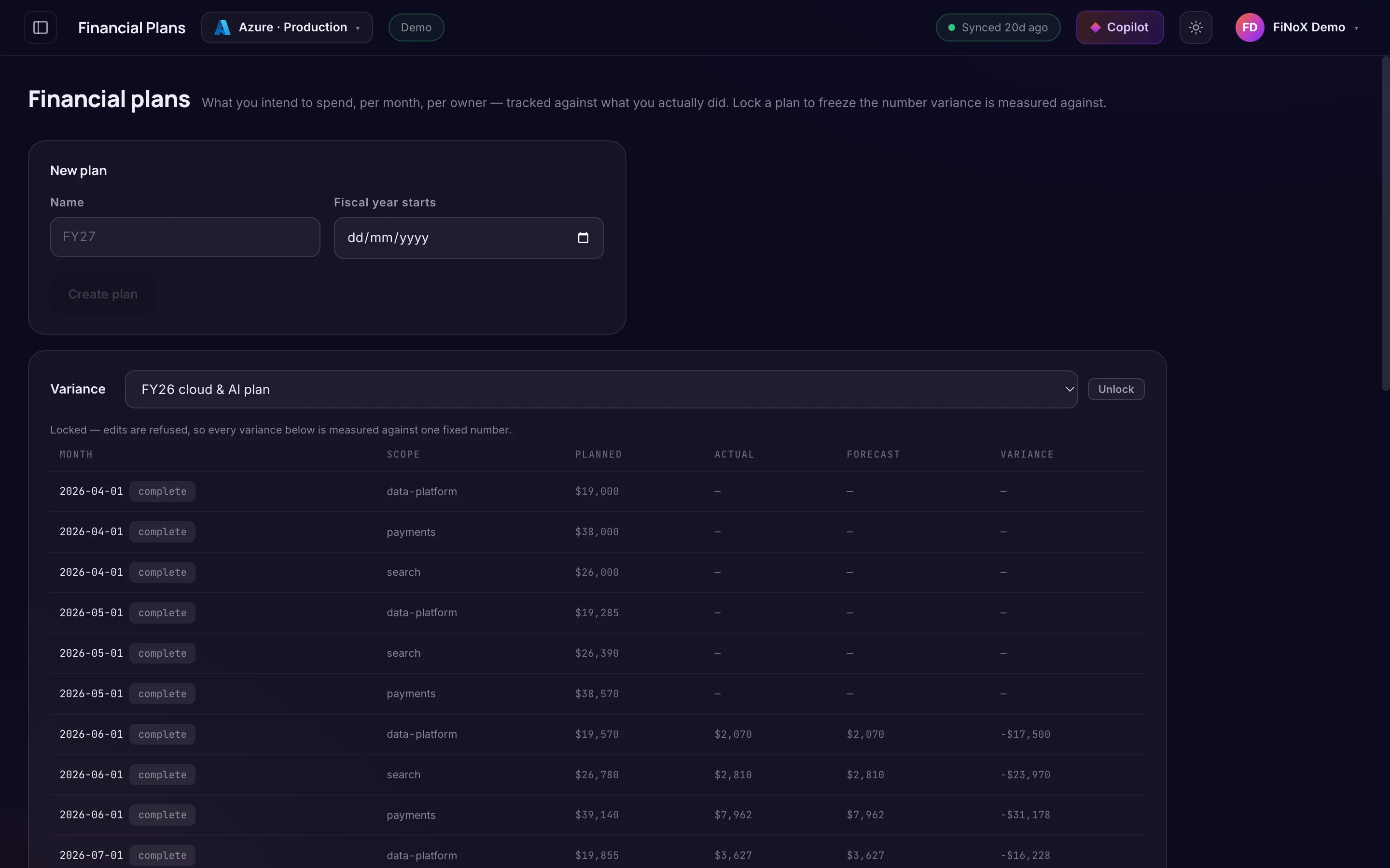 Financial plans — finoX product screen