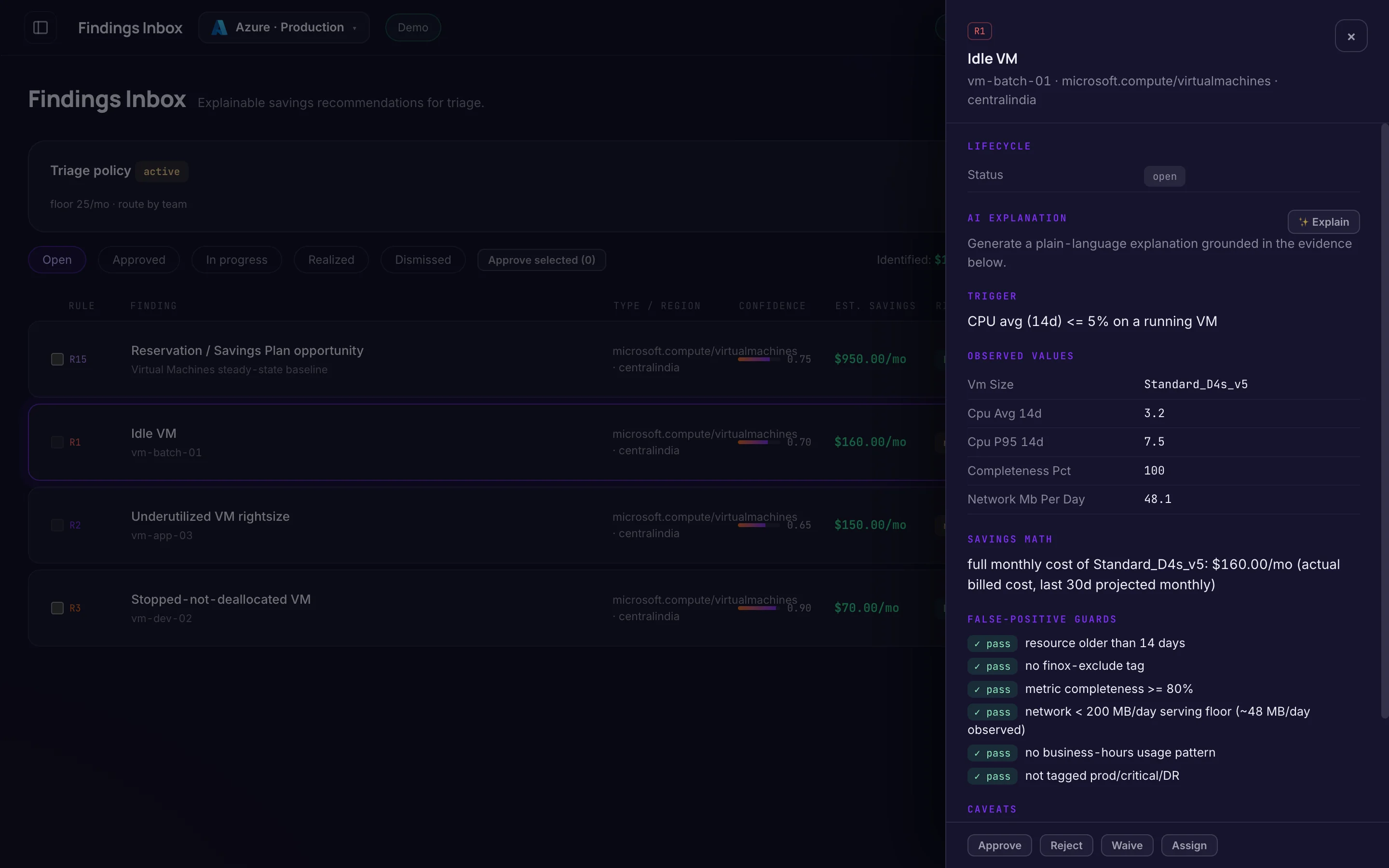 Finding · Idle VM — finoX product screen