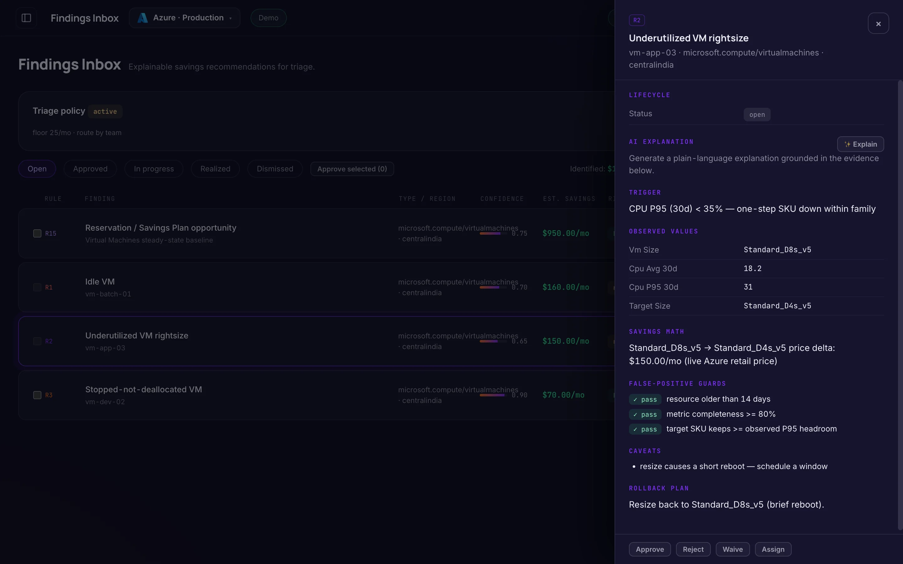 Finding · Underutilised VM rightsize — finoX product screen