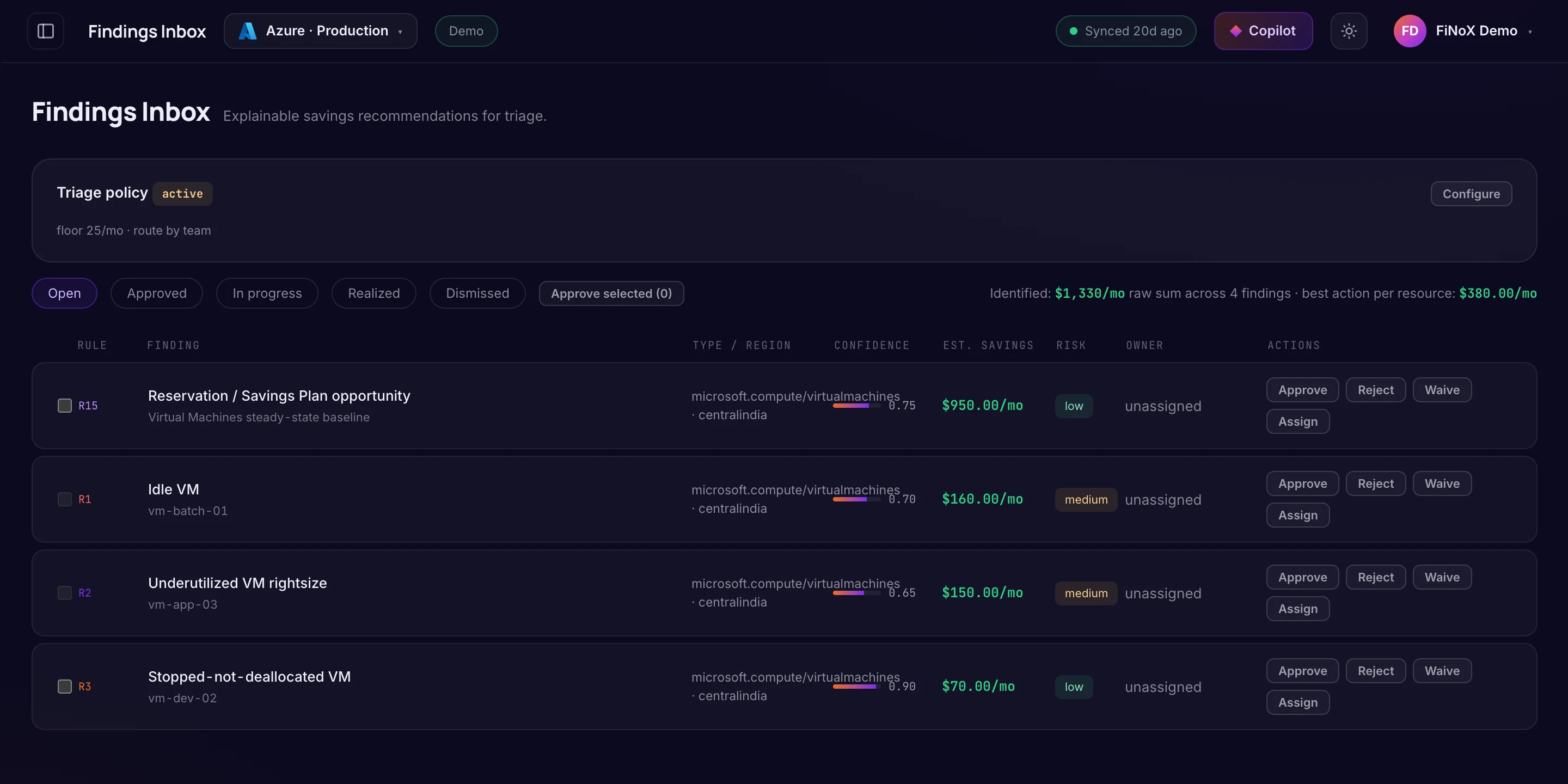 Findings Inbox — finoX product screen
