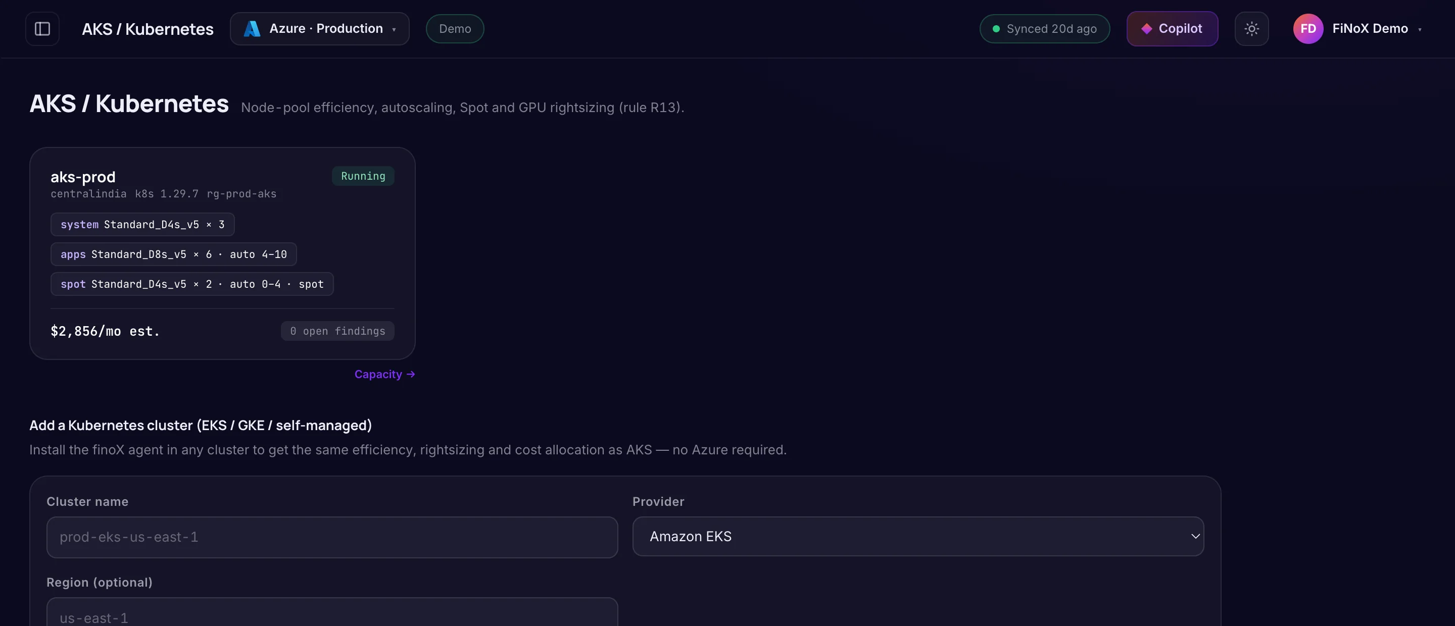 AKS / Kubernetes — finoX product screen