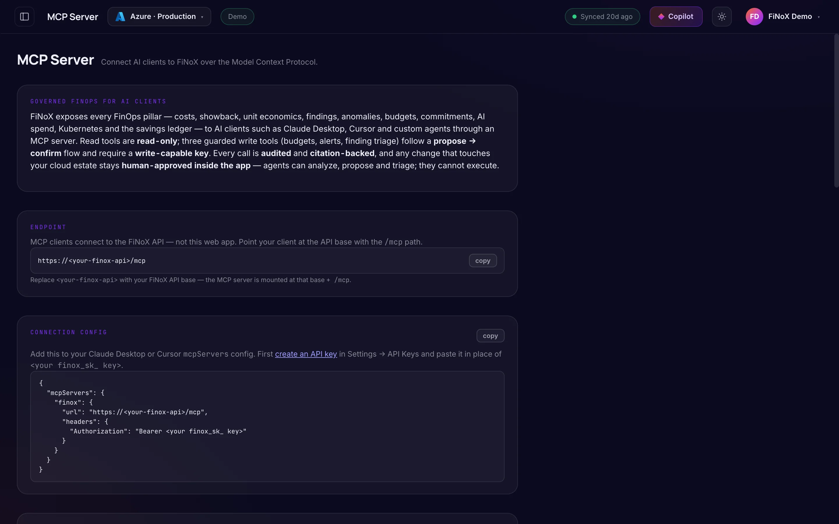 MCP Server — finoX product screen