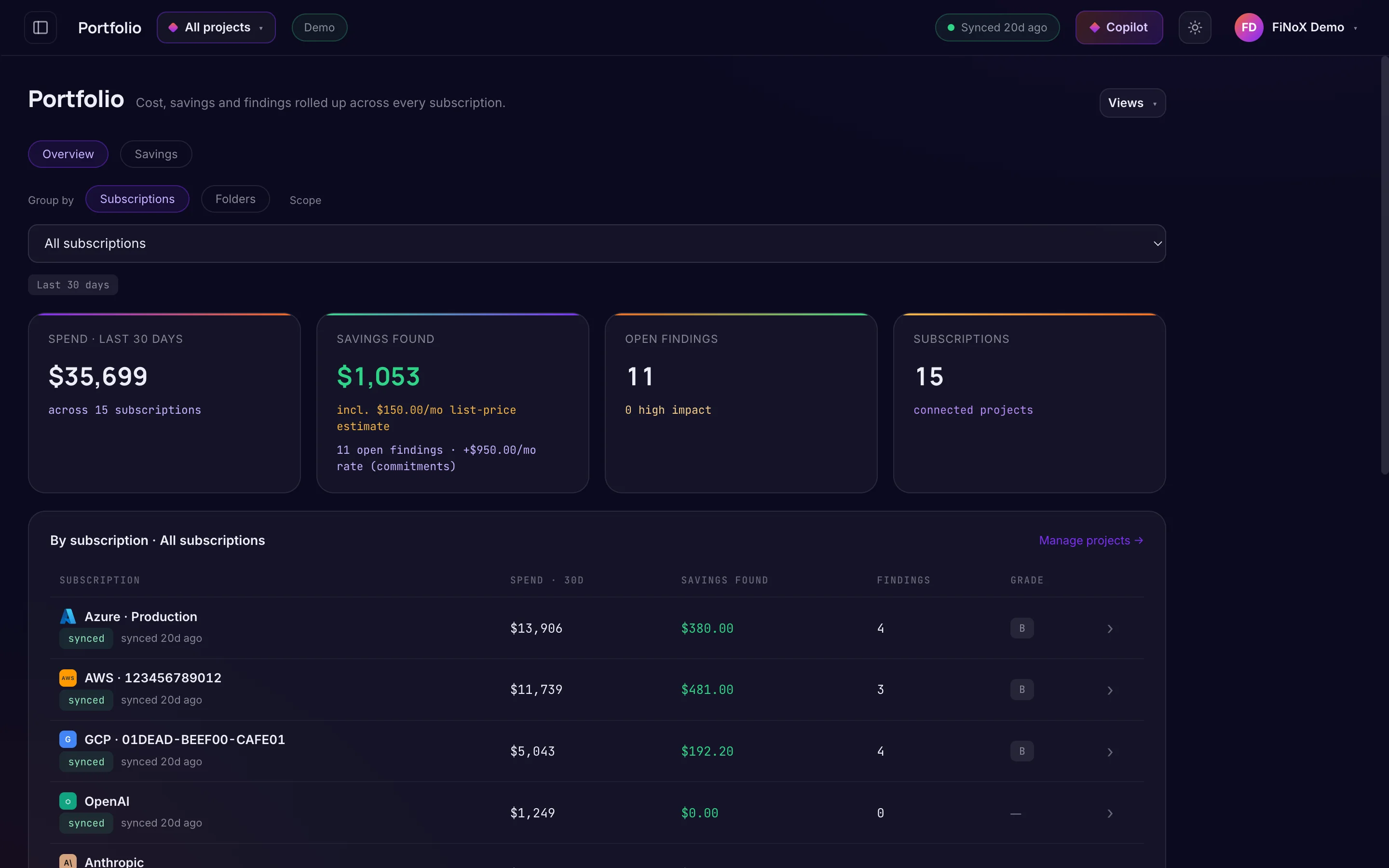 Portfolio — finoX product screen