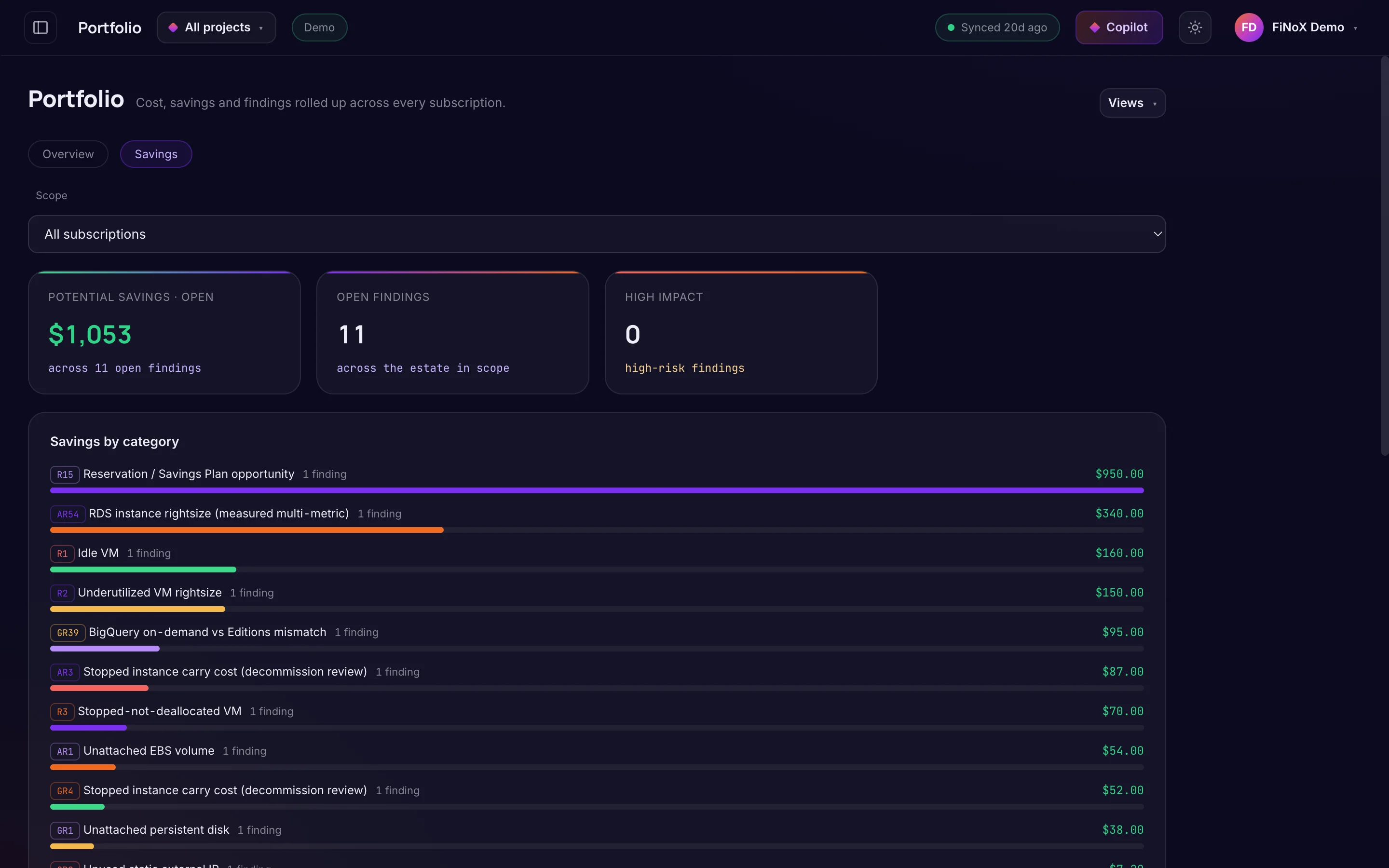 Portfolio · Savings — finoX product screen