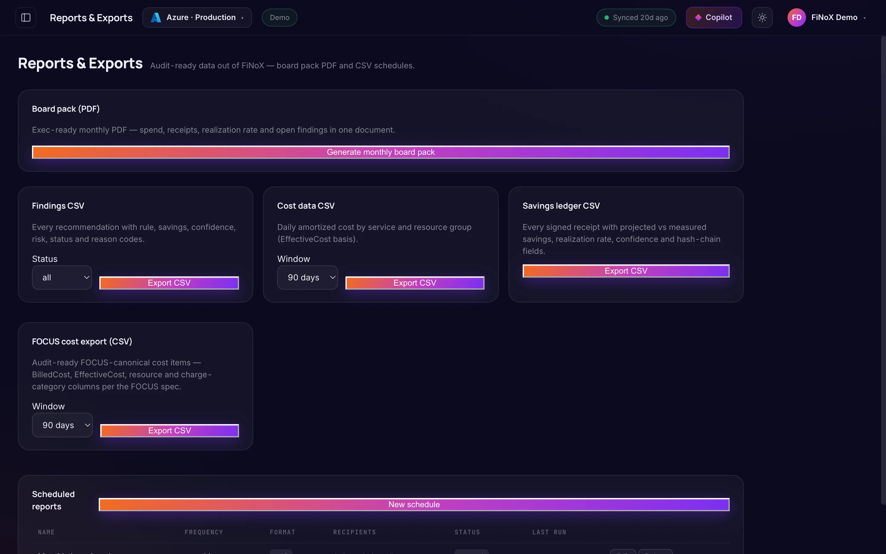 Reports & Exports — finoX product screen