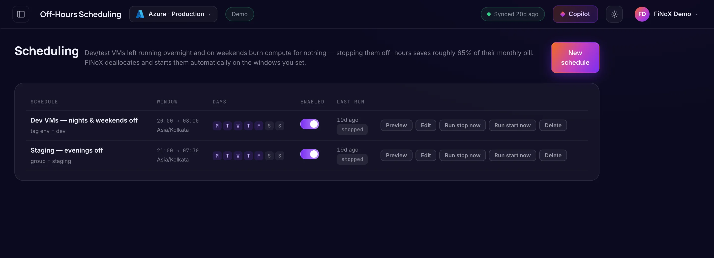 Off-hours Scheduling — finoX product screen