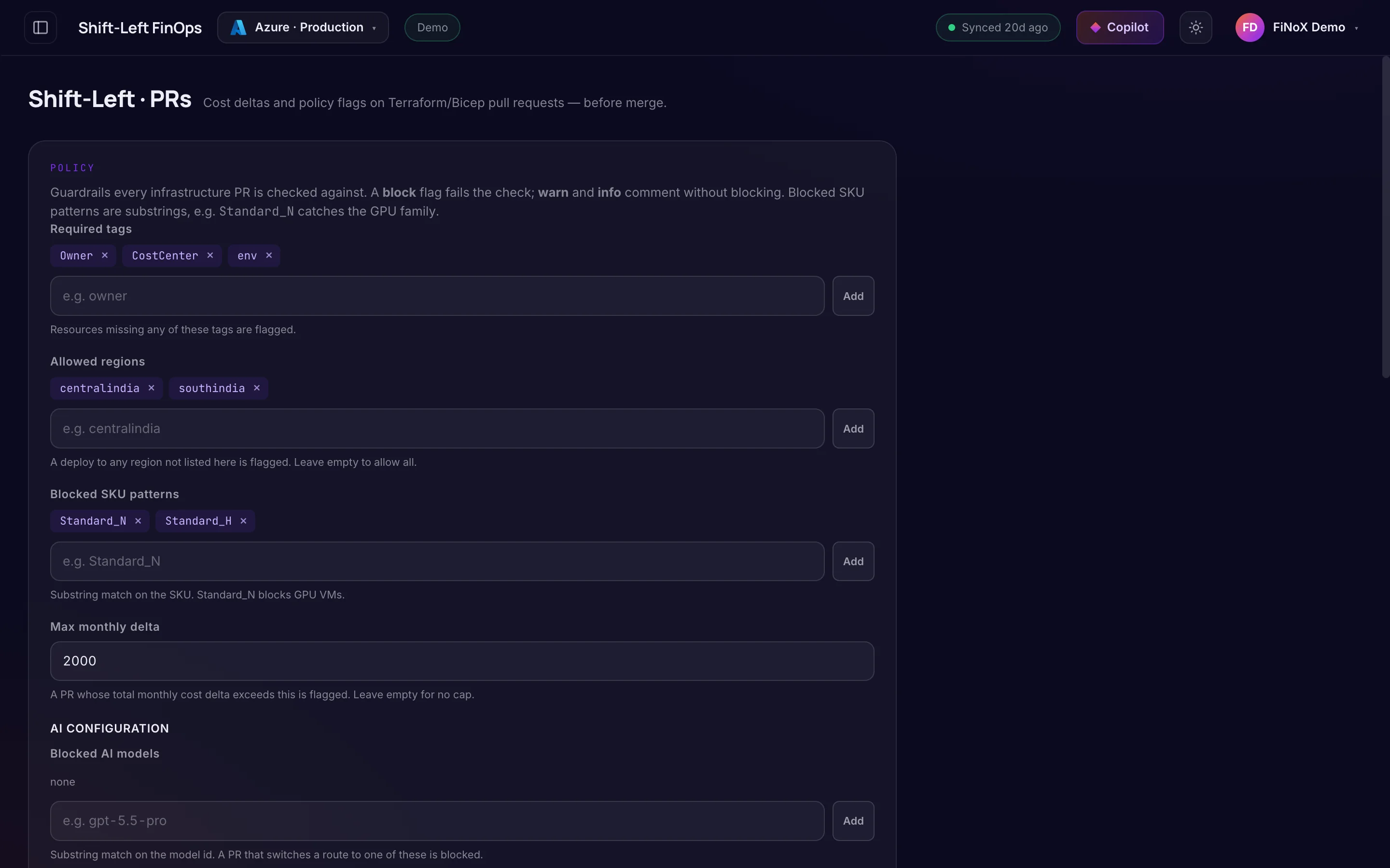 Shift-Left · PR policy — finoX product screen