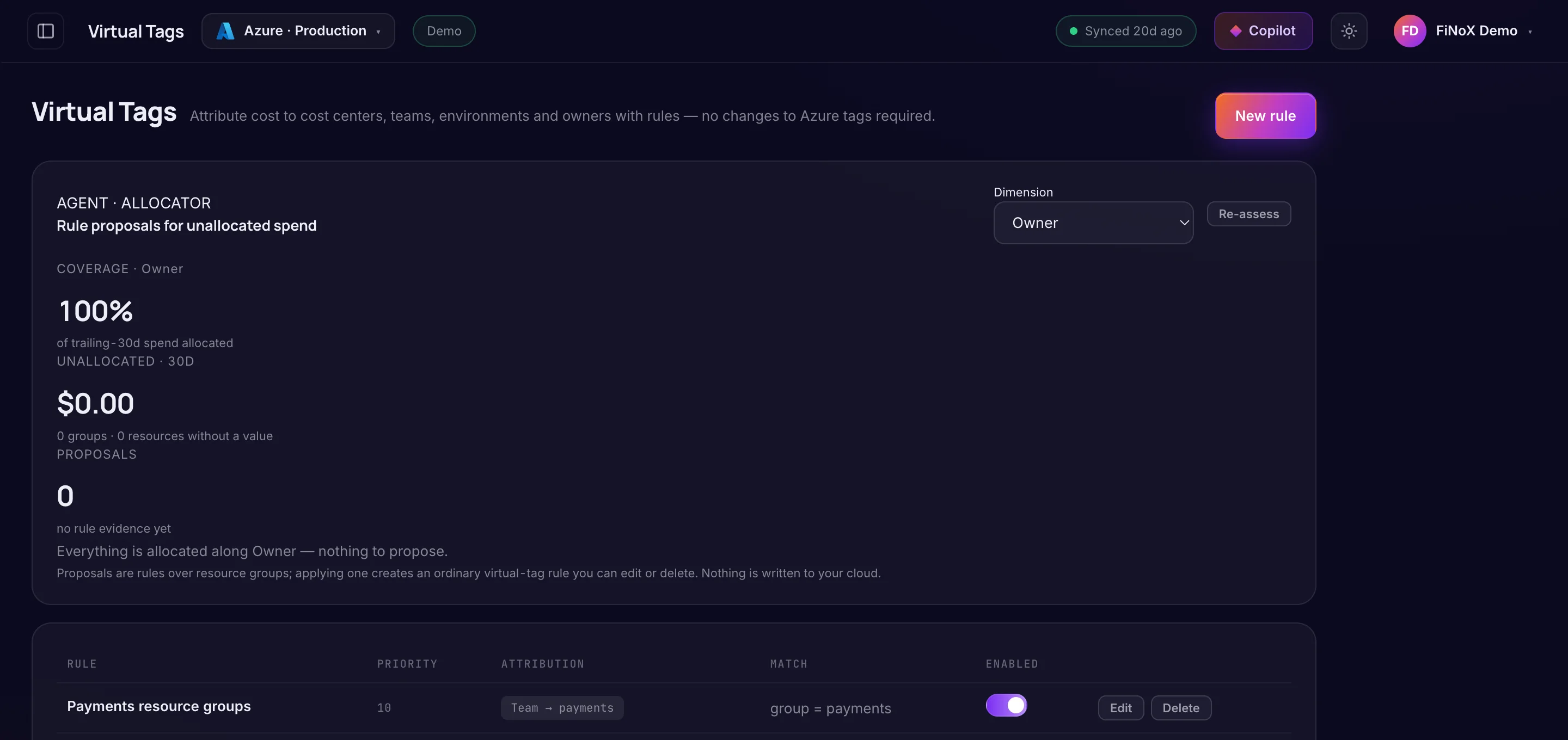 Virtual Tags — finoX product screen